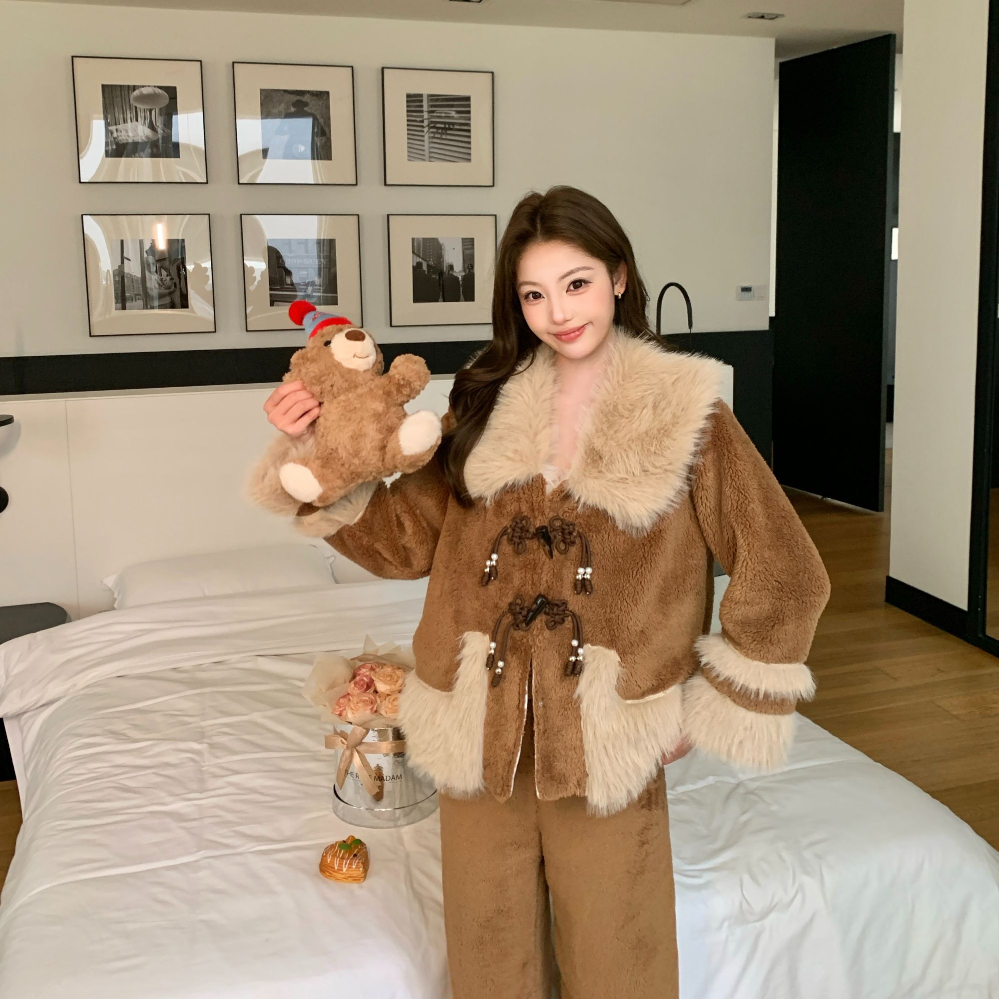 【梧桐雨篇】女士保暖睡衣冬装上新潮流秋冬毛领拼接加厚居家服A105