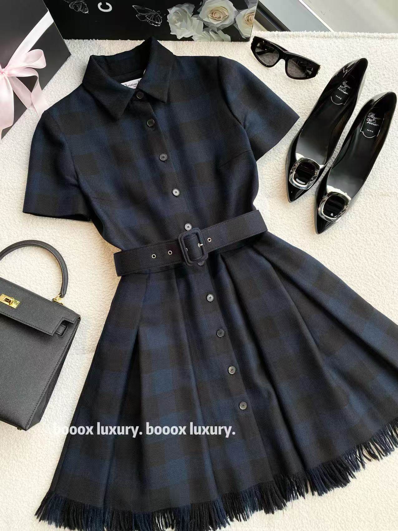 95新 DIOR/迪奥 bb2664 羊毛 格纹腰带连衣裙 34码