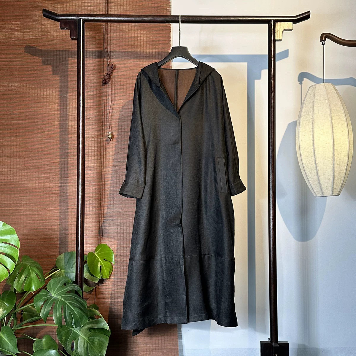 2024新品重缎60姆米香云纱风衣连帽中长款设计师国风时尚JX8919