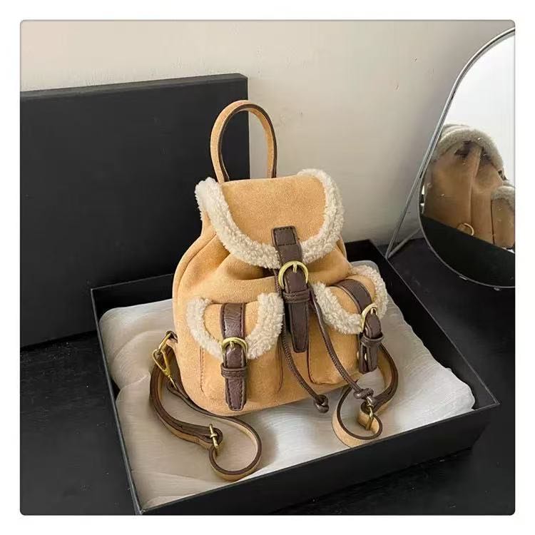 【大大梨】韩版新款女包时尚学院复古绒面拼接羊羔毛双肩背包synth