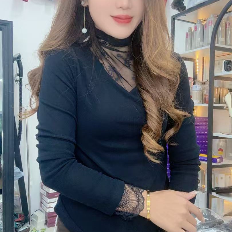 6967加绒保暖网纱拼接打底衫修身显瘦女上衣