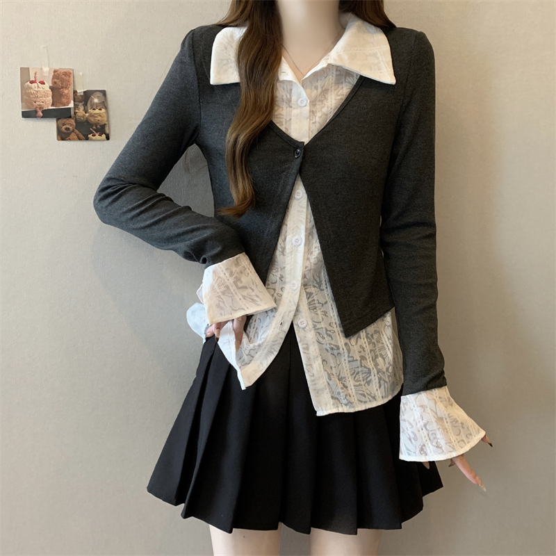 大码胖mm早秋季蕾丝拼接假两件正肩长袖T恤2025新款遮肉显瘦上衣