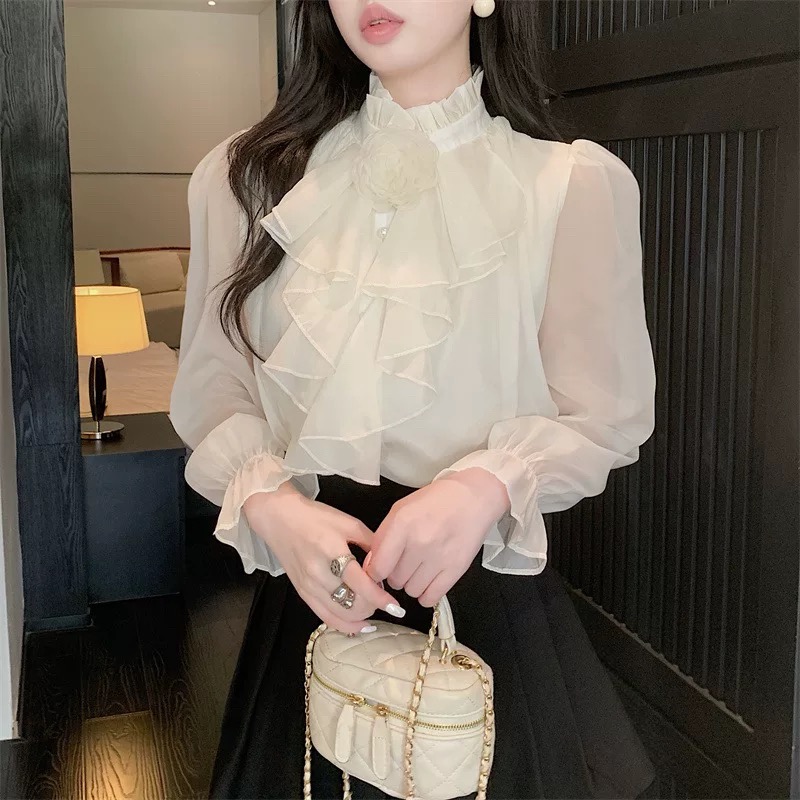 百搭千金风轻奢重工宫廷木耳边立领荷叶边衬衫女装法式上衣