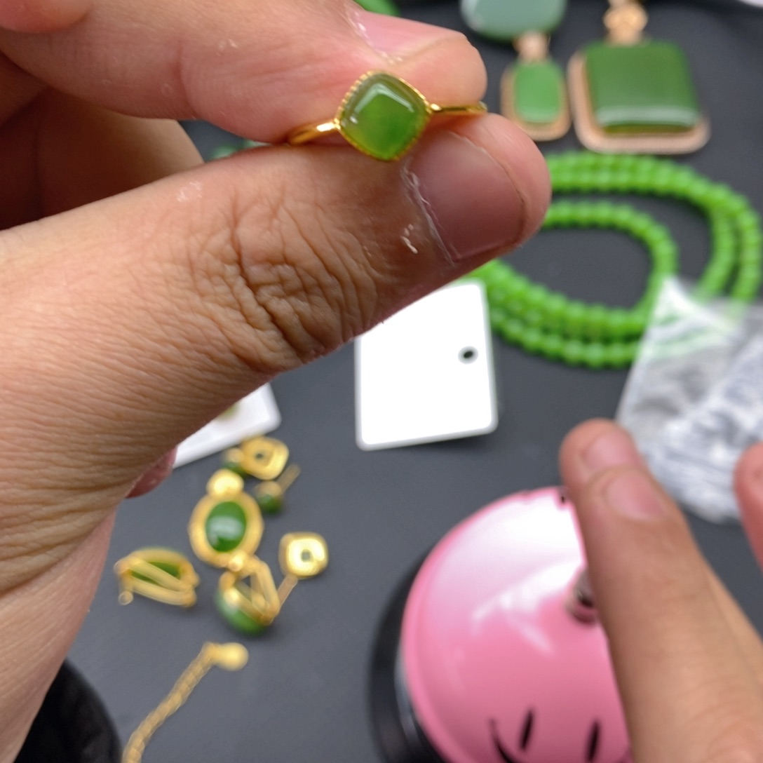 和田玉（碧玉）戒指银S925镀金镶嵌