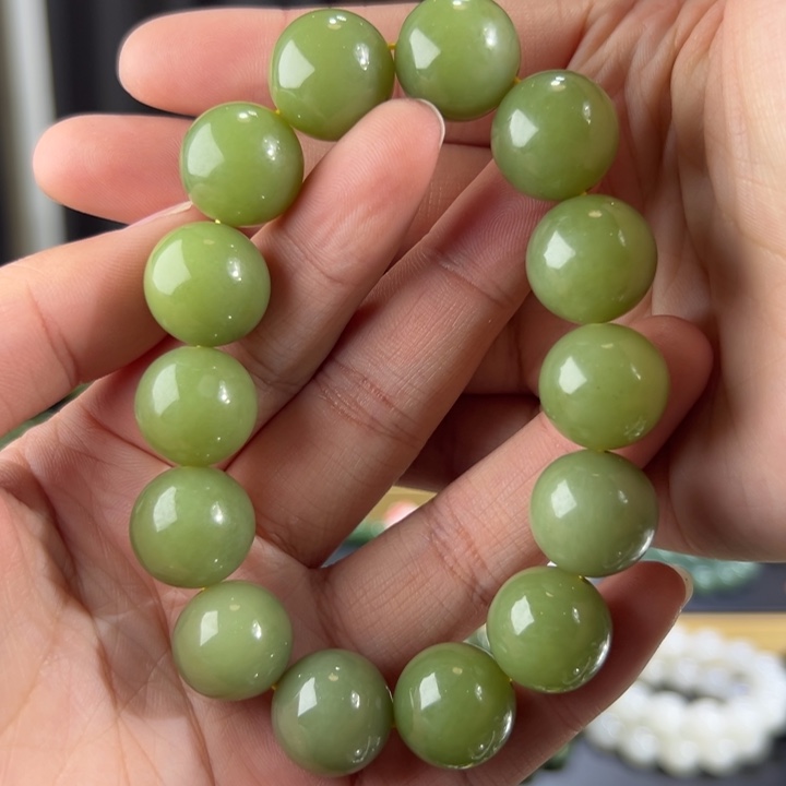 和田玉手串未镶嵌新疆若羌青黄口卡16圆珠