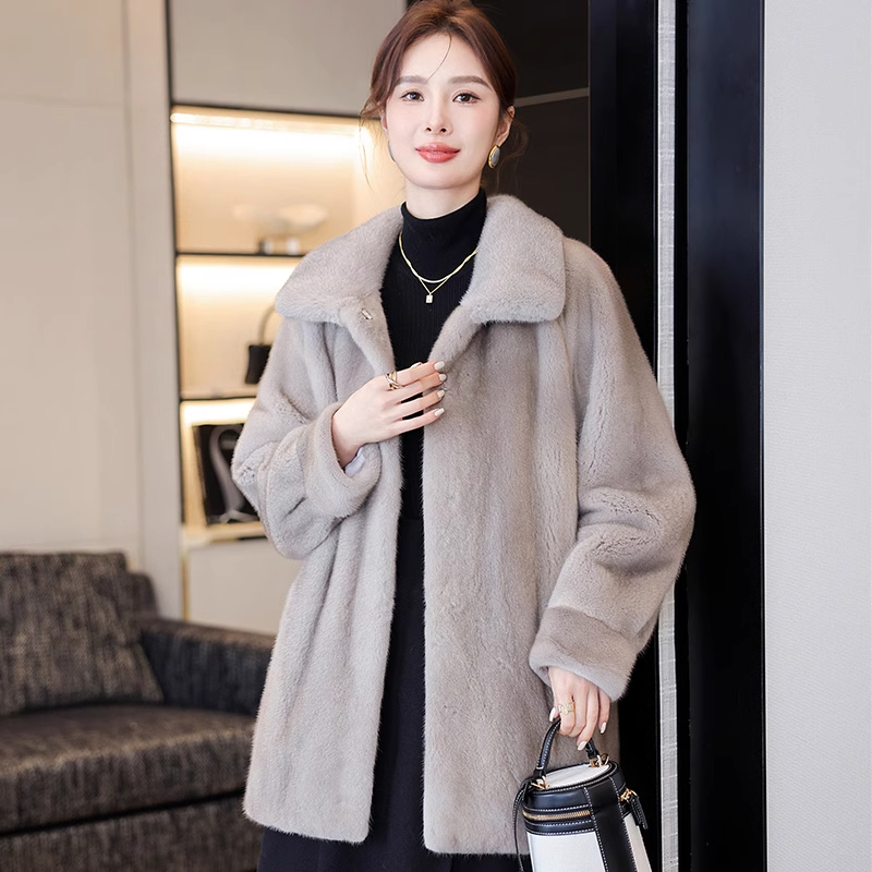 银兰色天鹅绒整貂水貂皮大衣2025冬季新款裘皮皮草中长款风衣外套