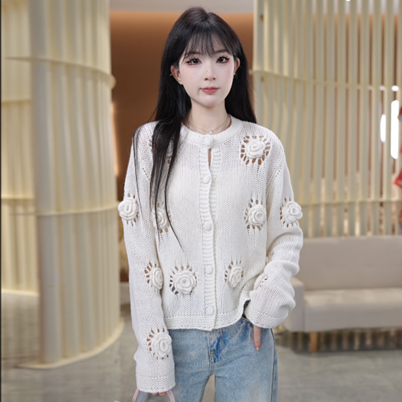【弗里达恋人】慵懒甜美减龄手工立体钩花针织开衫毛衣女241018-1