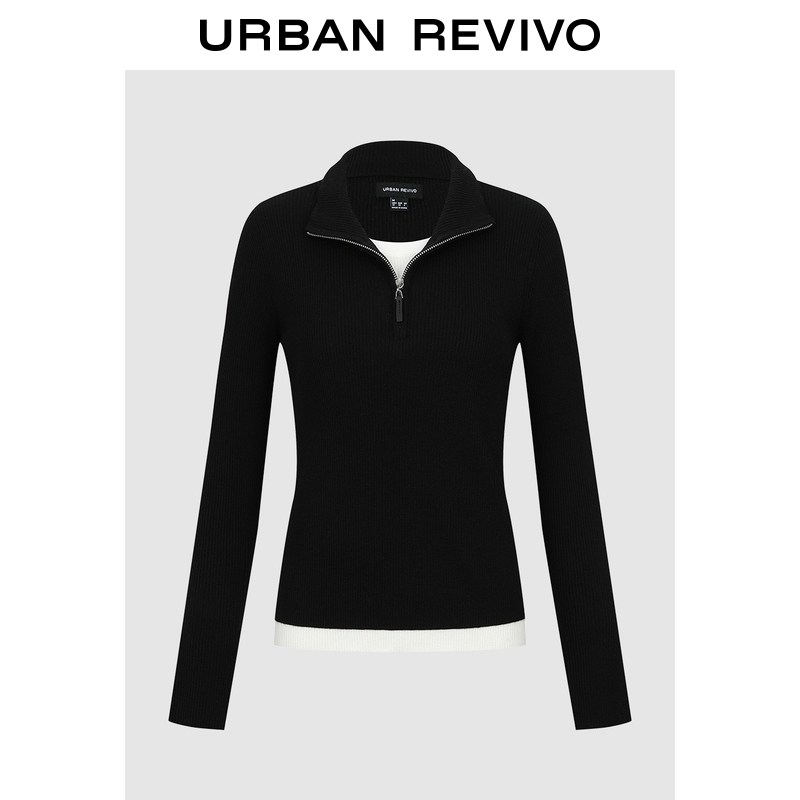 UR2026春季新款女装气质假两件立领修身短款针织衫UWM960008