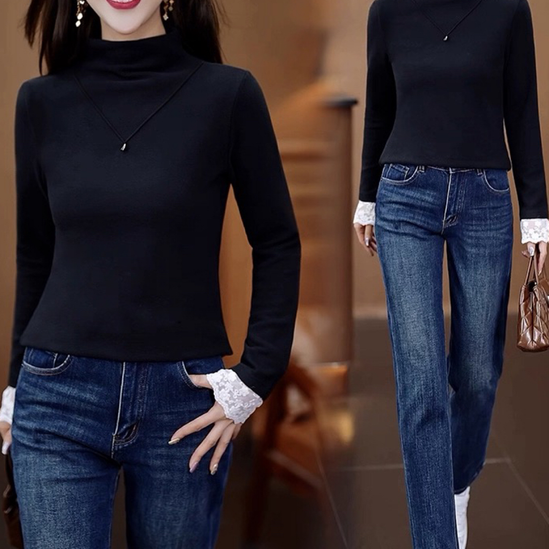 衣凡85716蕾丝拼接袖口半高领百搭内搭打底衫