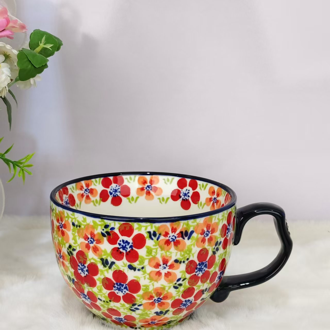 新瓷【碧丝粉黛】加厚耐磨轻奢手绘680ml复古家用手工陶瓷早餐杯