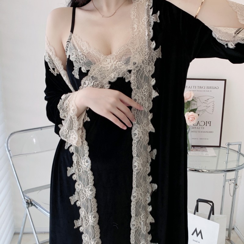 【贵妃】2025秋冬新款女士金丝绒蕾丝花边性感吊带睡裙家居服套装