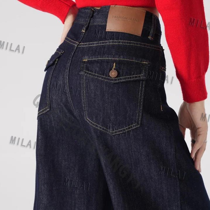 春季上新丹宁蓝后扣宽松阔腿牛仔裤女秋冬直筒垂感显瘦高牛仔大码