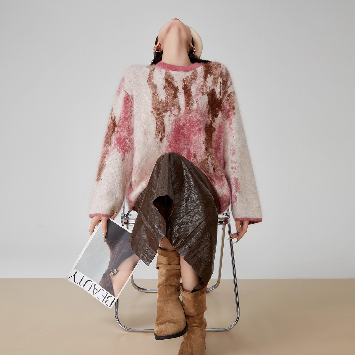 超绝Mx洋同款粉黛子羊绒衫重工长毛拉绒羊绒毛衣圆领针织毛衣