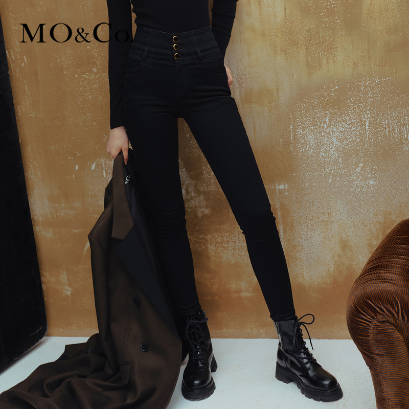 【达人专属】MOCO冬季双腰头高腰修身黑牛仔裤MBC4JENT03