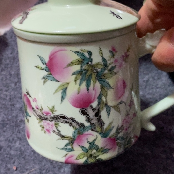摆件陶绿稀土桃花寿桃办公杯 带茶漏