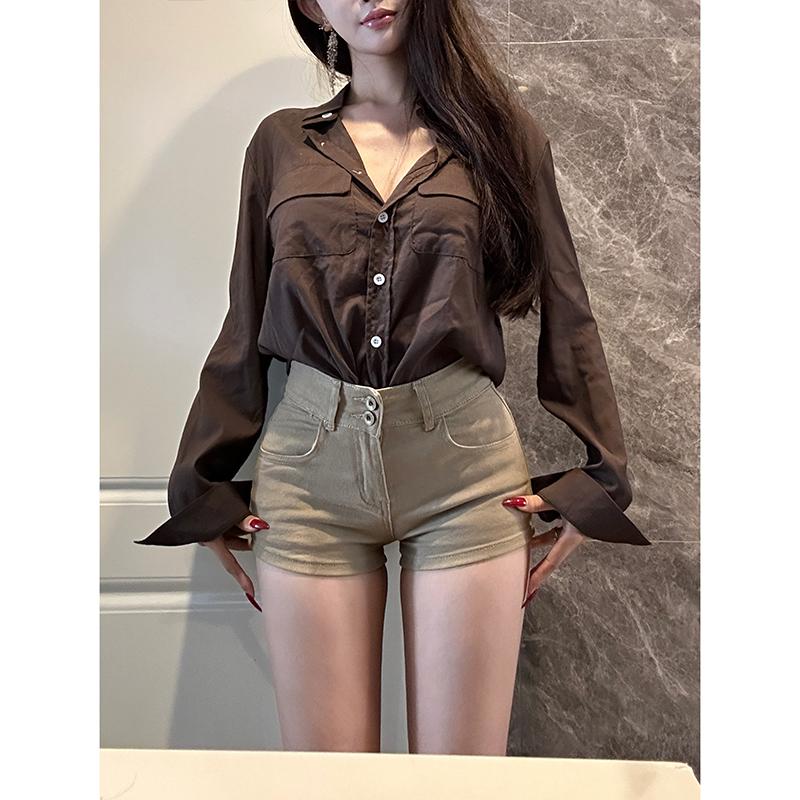 小个子美式复古卡其色牛仔短裤女夏季新款高腰修身显瘦包臀热裤潮