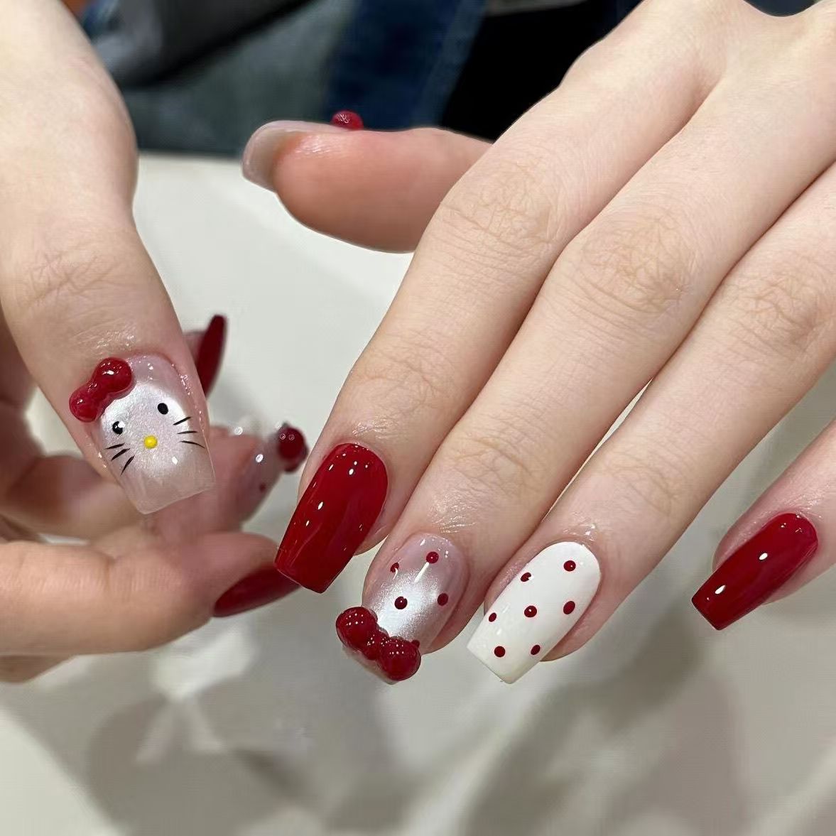 【KT猫】纯手工高级感美甲穿戴甲可拆卸假指甲光疗甲波点可爱少女风