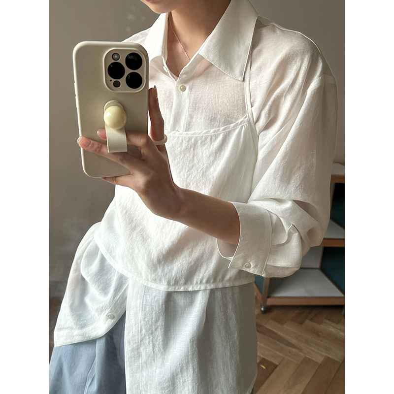 韩系吊带背心翻领长袖衬衫两件套 E9085