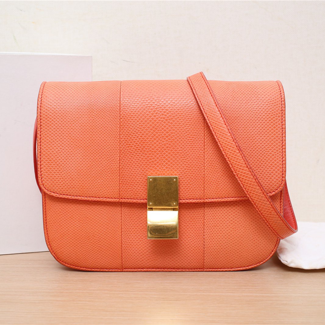 95新 Celine/思琳 活动黑黑 Classic Box 中号 蜥蜴皮 橘红色