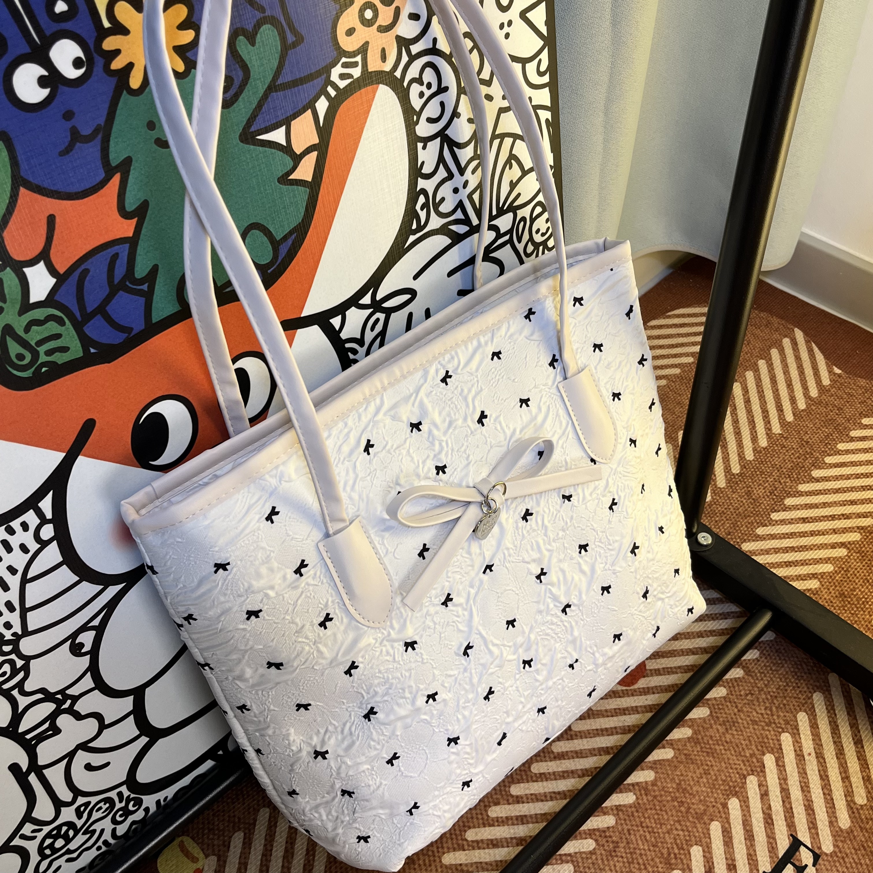 喵喵仙贝小众女包白色黑蝴蝶结-B017