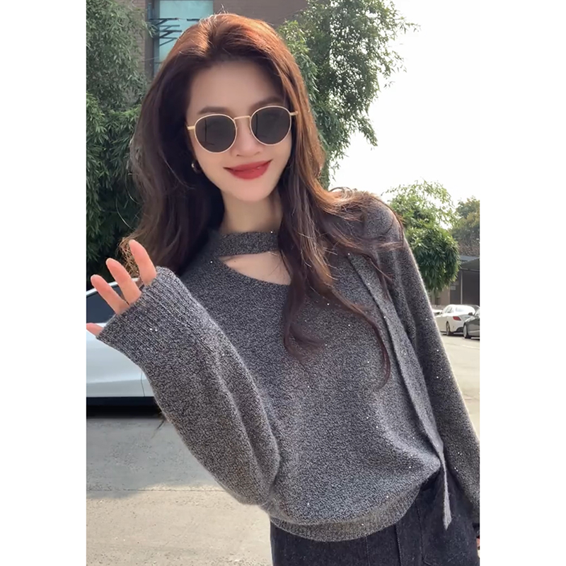 温柔风v领挂脖飘带长袖针织衫女秋冬宽松软糯毛衣氛围感显白上衣