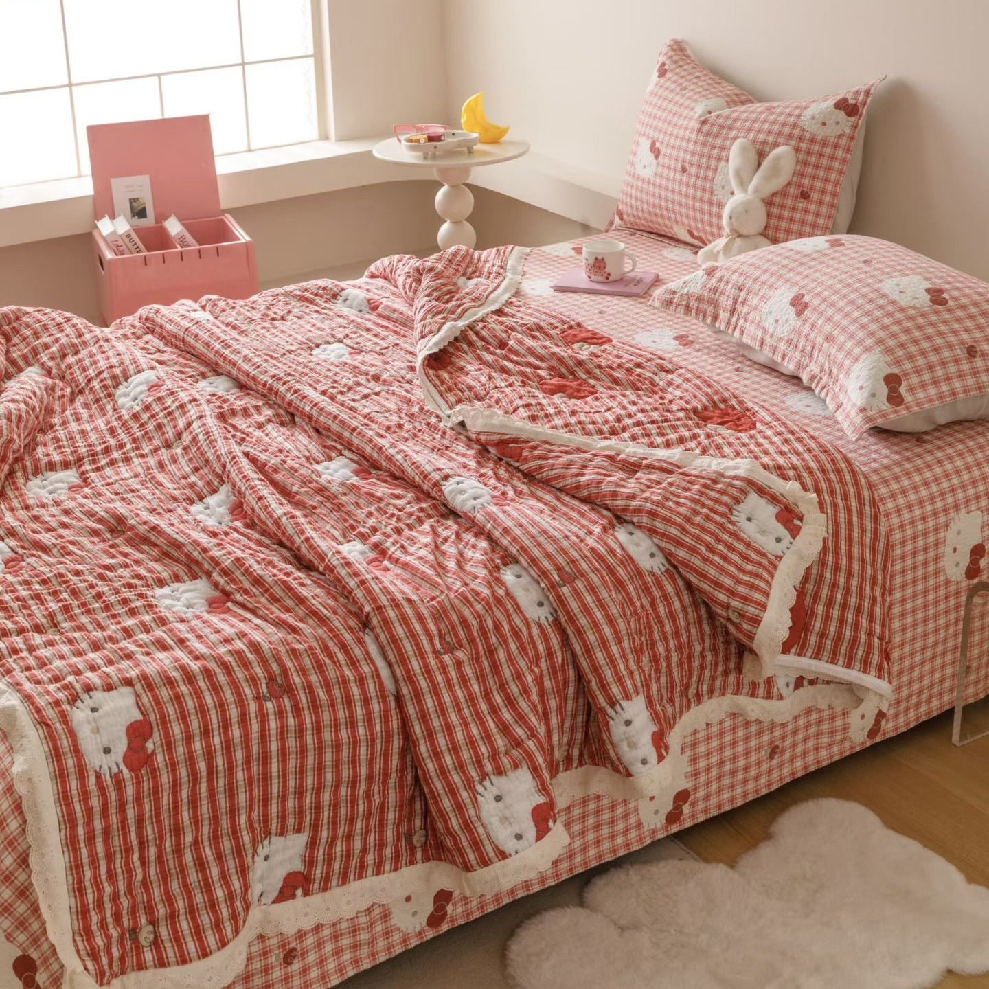 韩国全棉纱色织十层纱安心棉泡芙一体被亲肤柔软随便机洗双人被