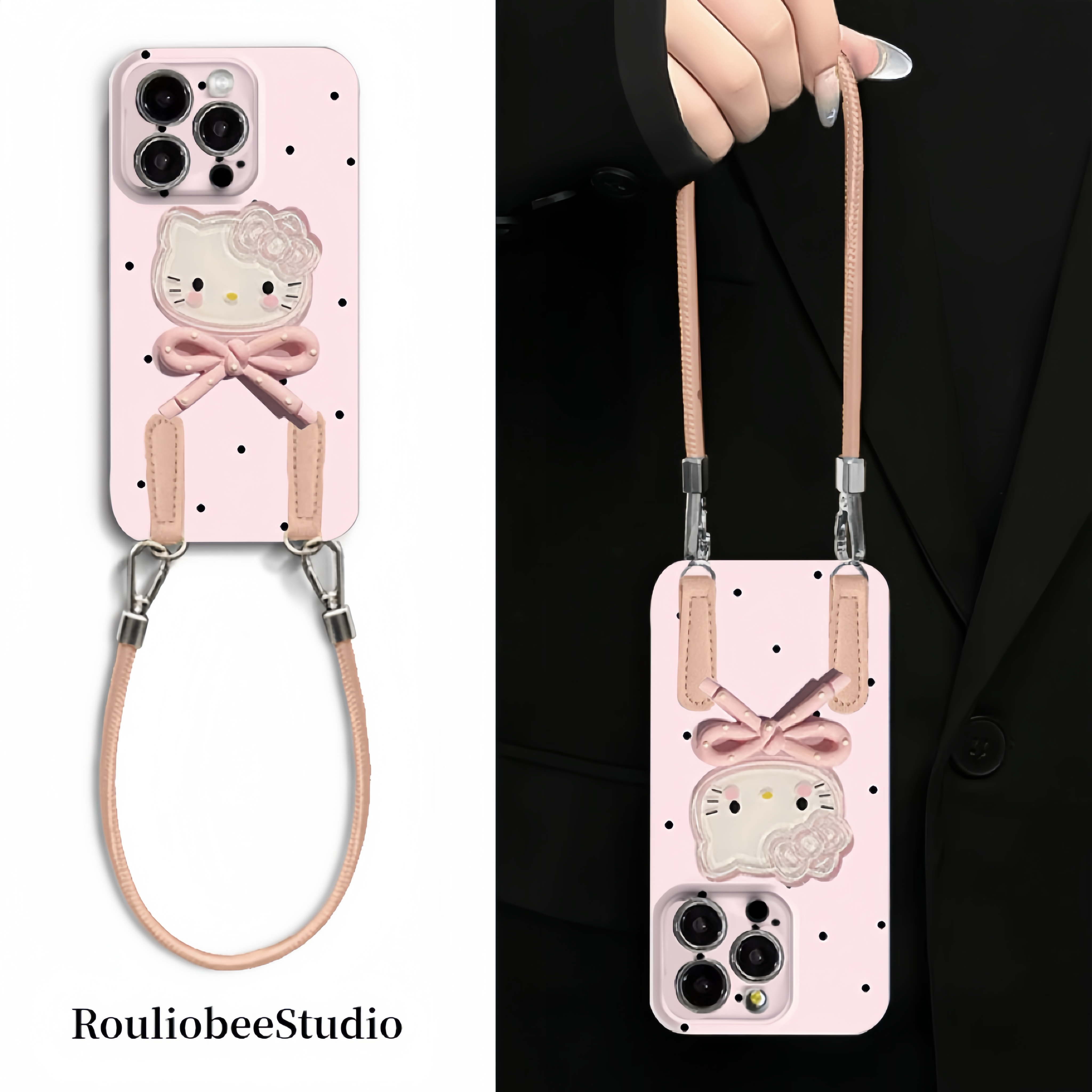 少女粉波点kitty挂绳适用苹果16/15手机壳13华为vivo小米14oppo套