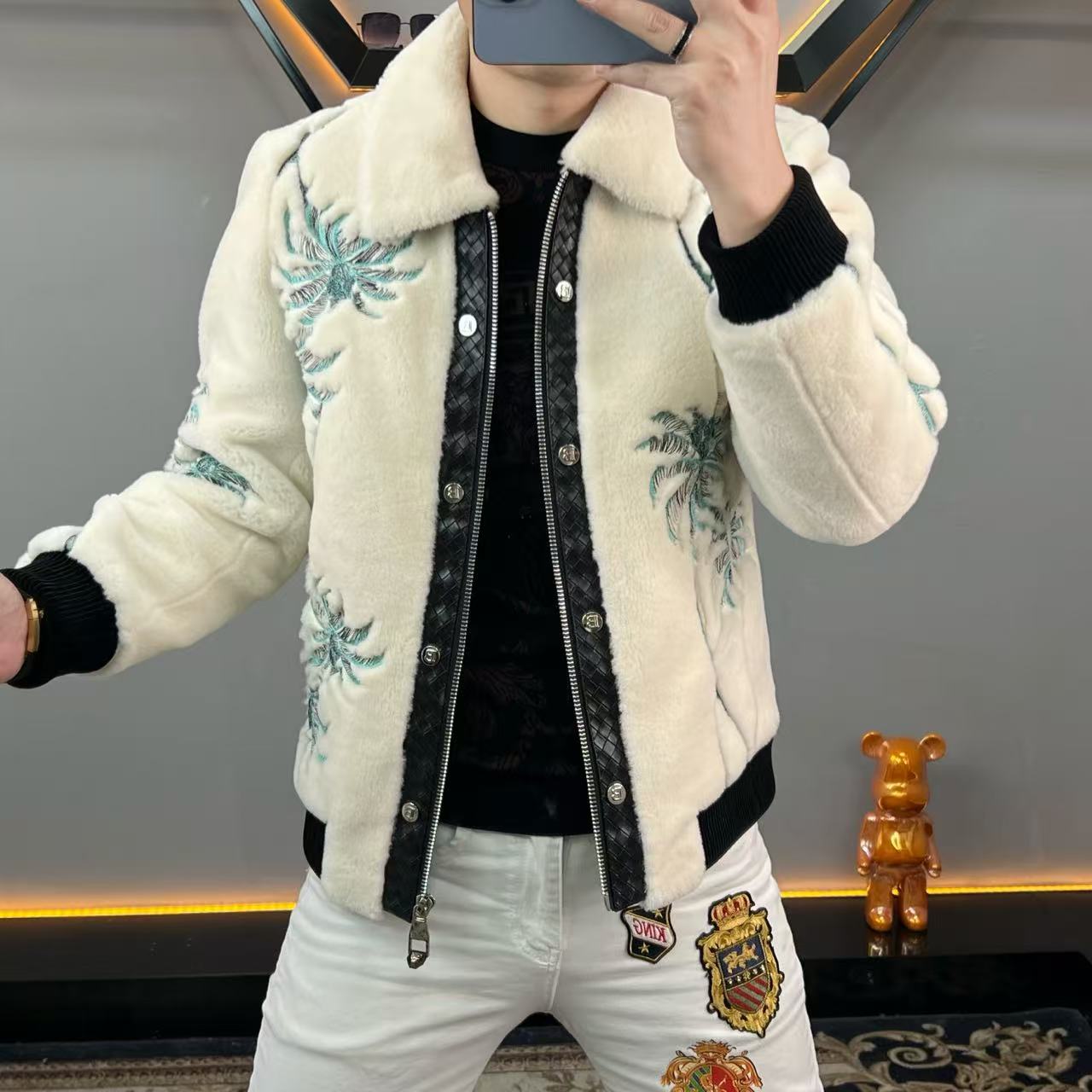 【轻奢欧货】冬季男士立领刺绣羊剪绒外套翻领夹克拼接潮流貂绒大衣