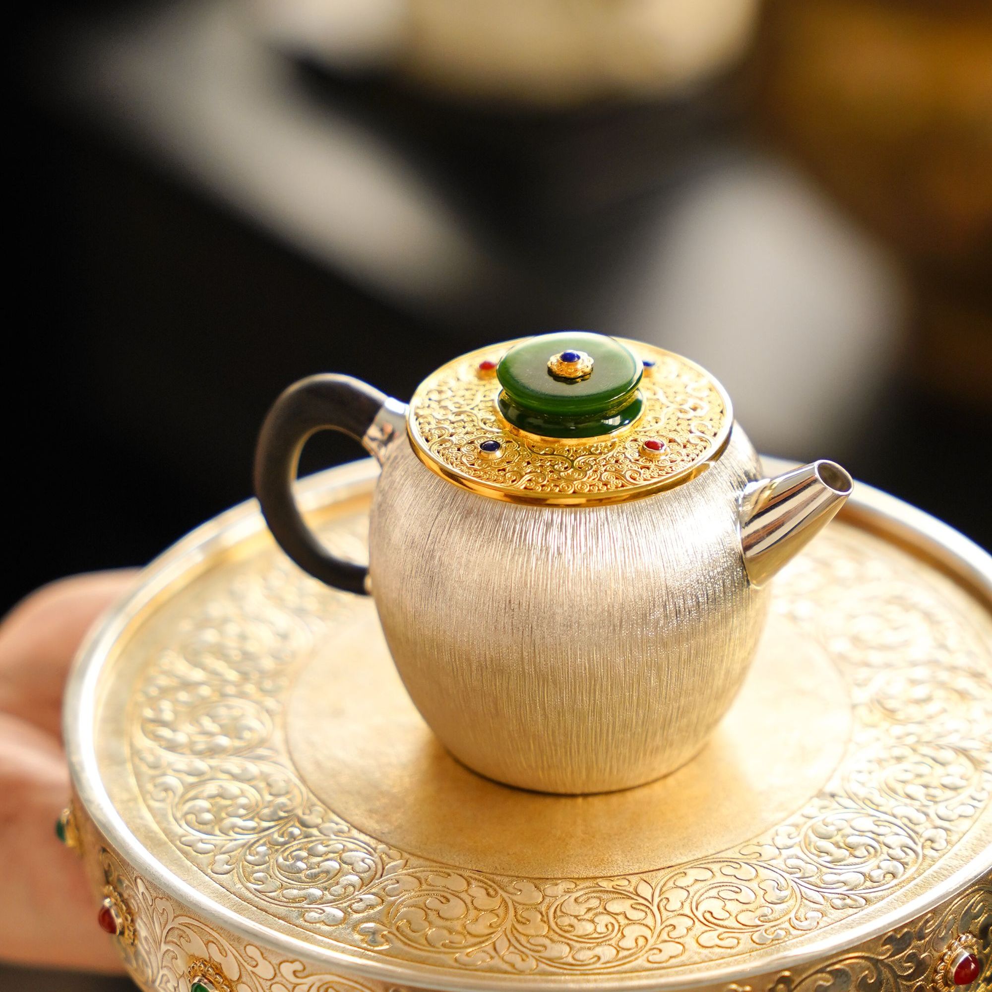 呆坐 【掌中宝】鎏金掐丝嵌宝壶 茶具中式茶道手工银壶