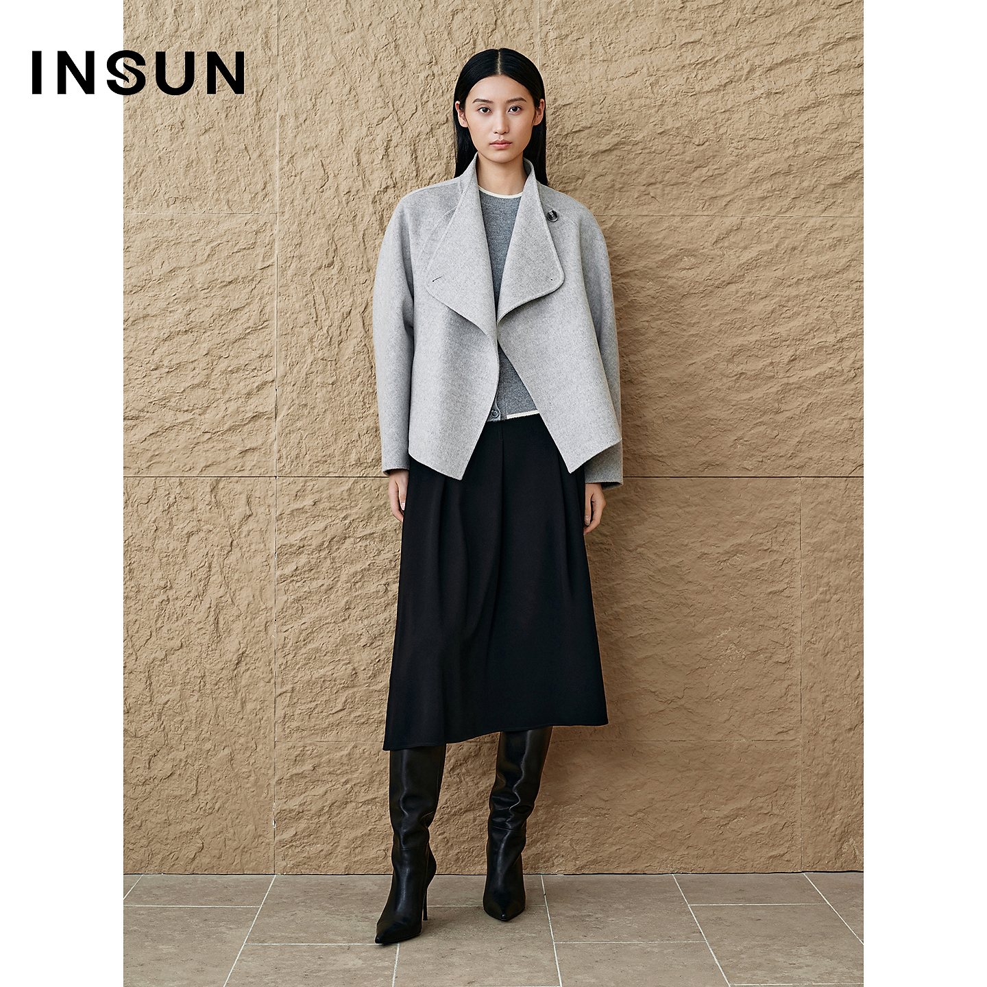 INSUN恩裳专选2025秋季极简不对称绵羊毛双面呢短外套