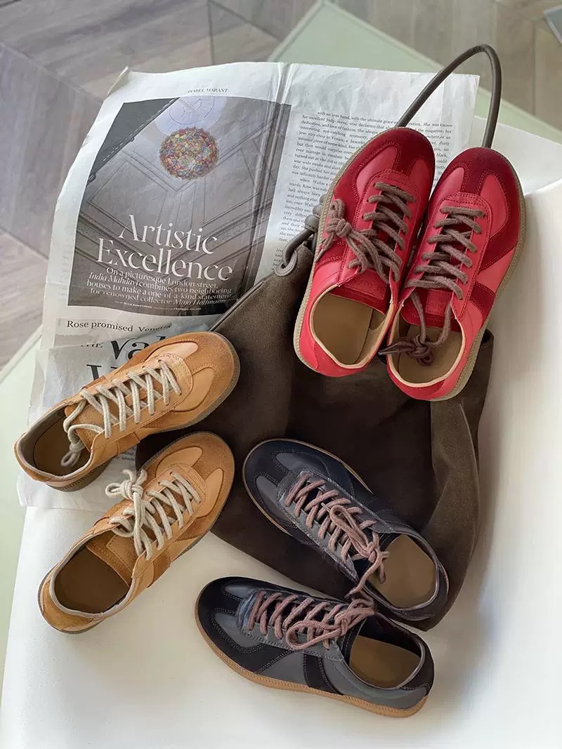 手工小牛皮复古大红色德训鞋2025新款流行的新款休闲鞋女鞋S61-36