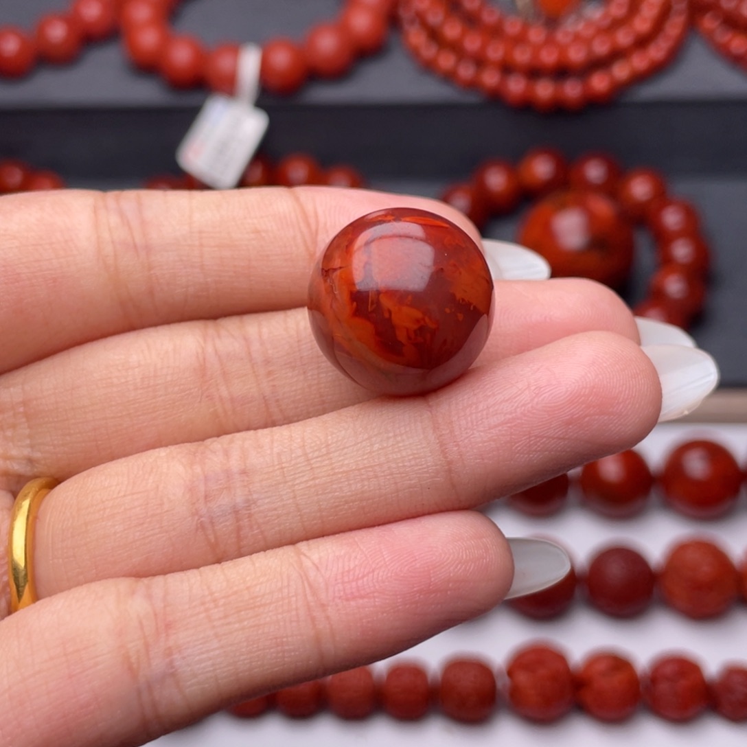 金***物南红玛瑙未镶嵌手串Y18.6mm牛血火焰单珠