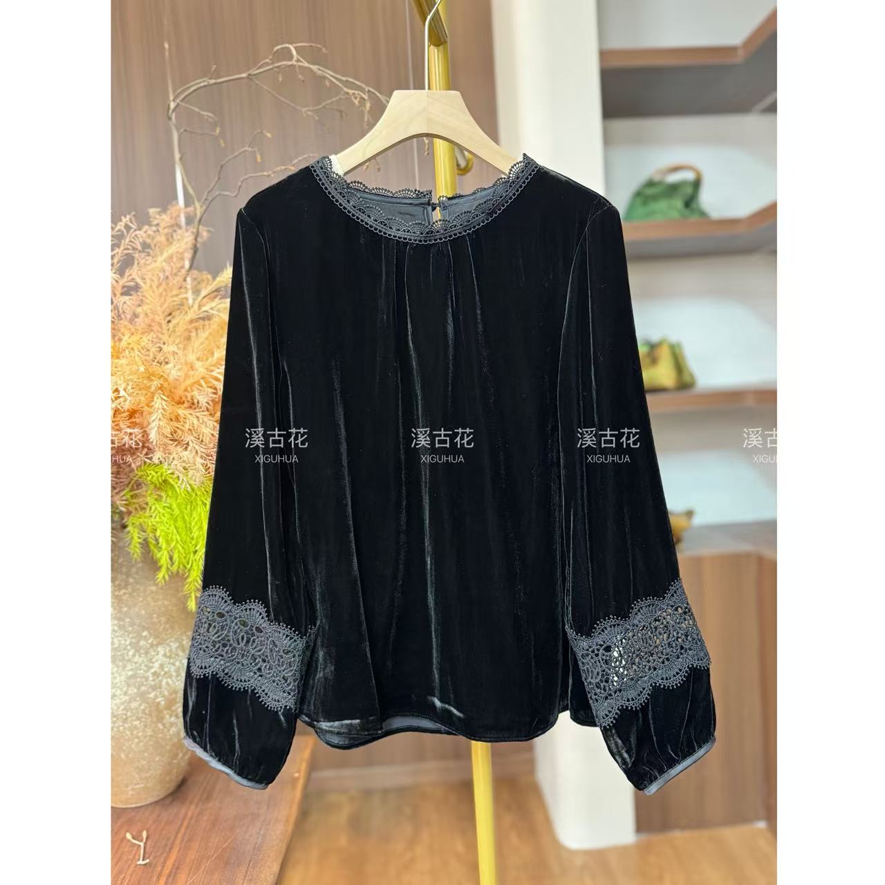 【澜渡】2025秋冬新款100%真丝丝绒打底衫重工刺绣长袖衬衫高级显瘦