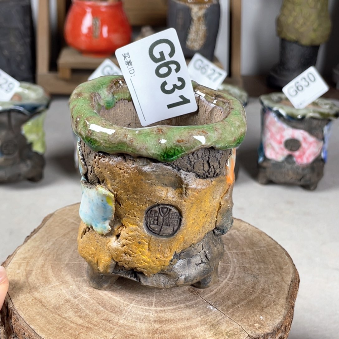 紫砂花盆孤品 不规则油画山石老桩 内口5