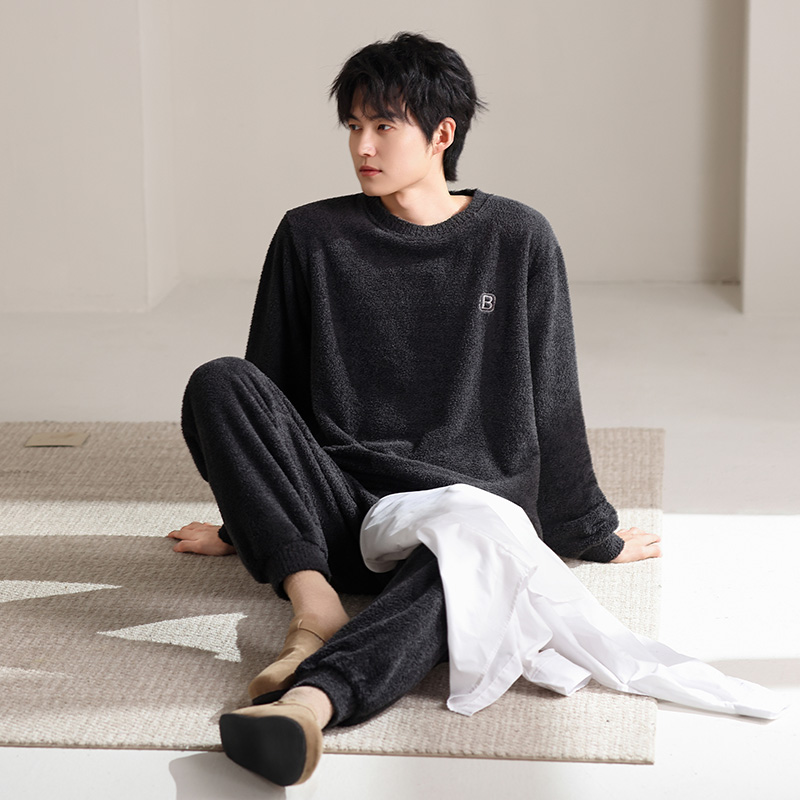半边绒睡衣男秋冬款珊瑚绒加厚加绒可外穿长袖保暖男士家居服套装
