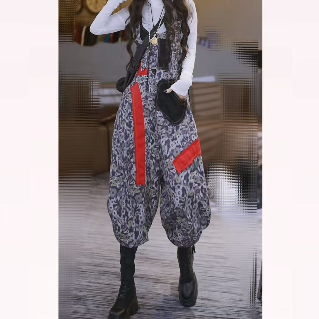 98689#小碎花贴布口袋背带裤