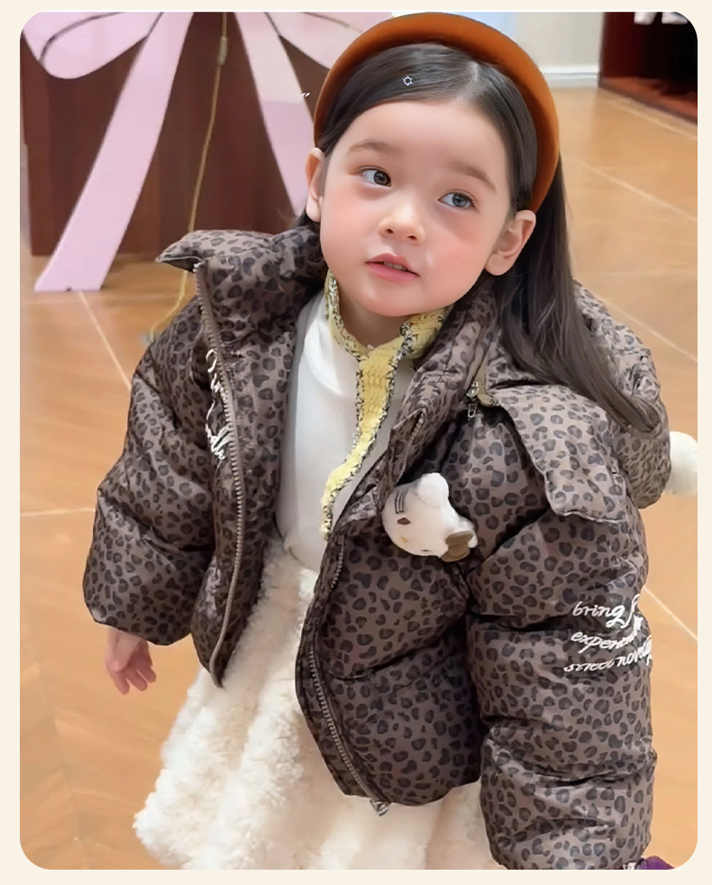 韩版儿童豹纹连帽棉衣2025冬装女童洋气加绒加厚外套卡通KT猫棉袄