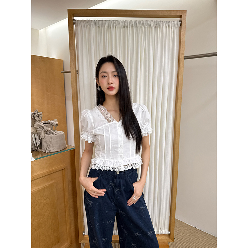 25夏法式别致洋气小衫蕾丝边拼接短袖衬衫女S5116