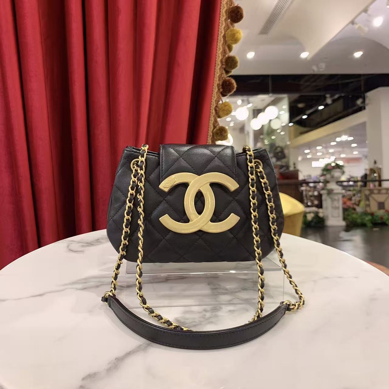 95新 Chanel/香奈儿 GGS香奈儿24C大金扣马鞍包黑金羊皮59292076