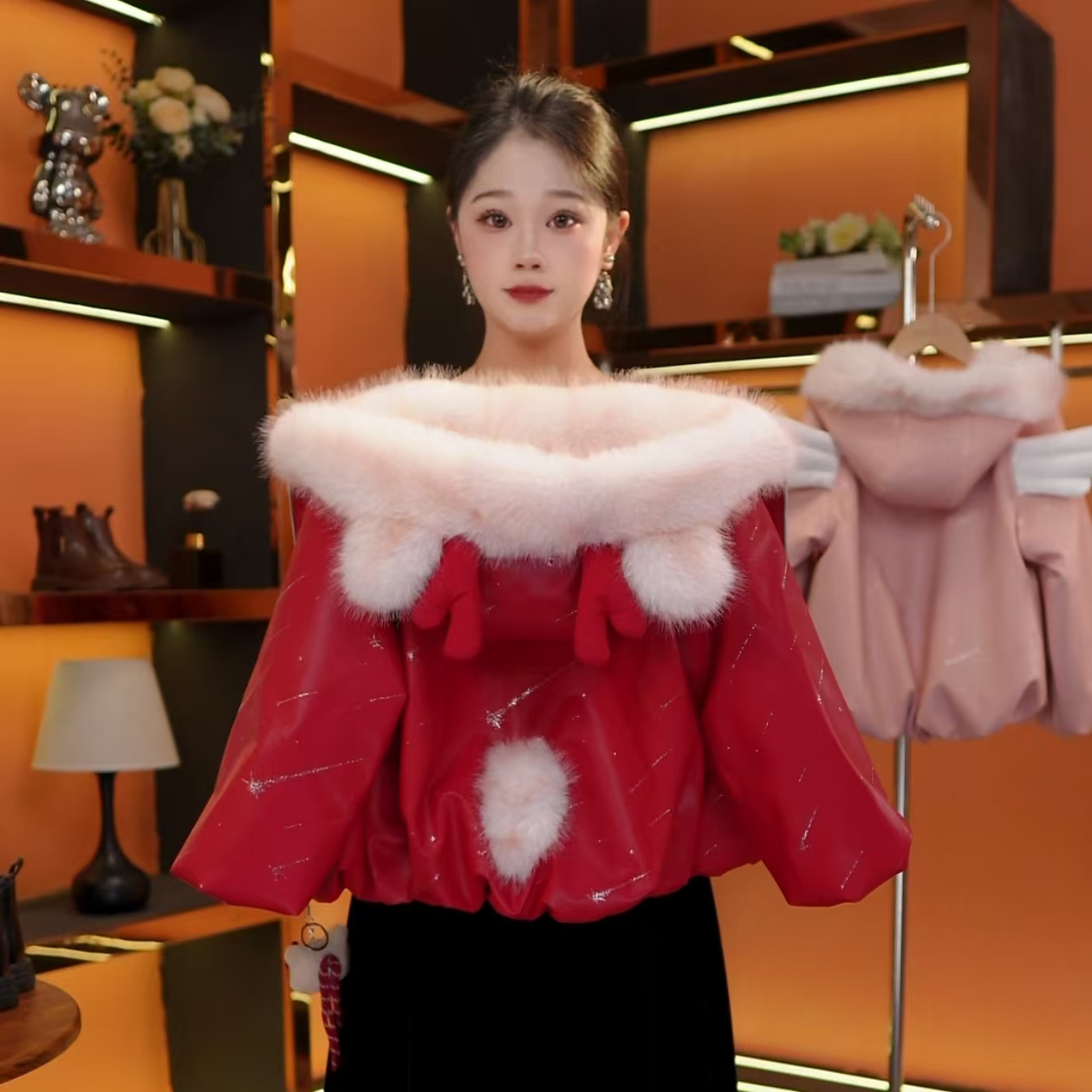 [MH美画-2]女童冬季2025新款卡通新春小鹿连帽加绒加厚高定草草