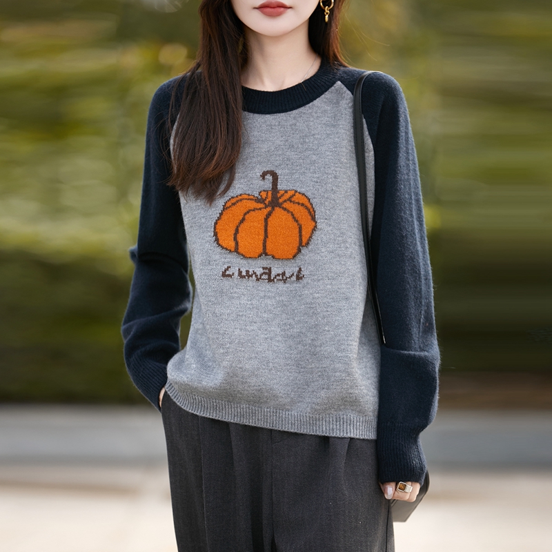 七针糯米绒~南瓜拼色长袖撞色针织秋冬女毛针织衫女装提花圆领