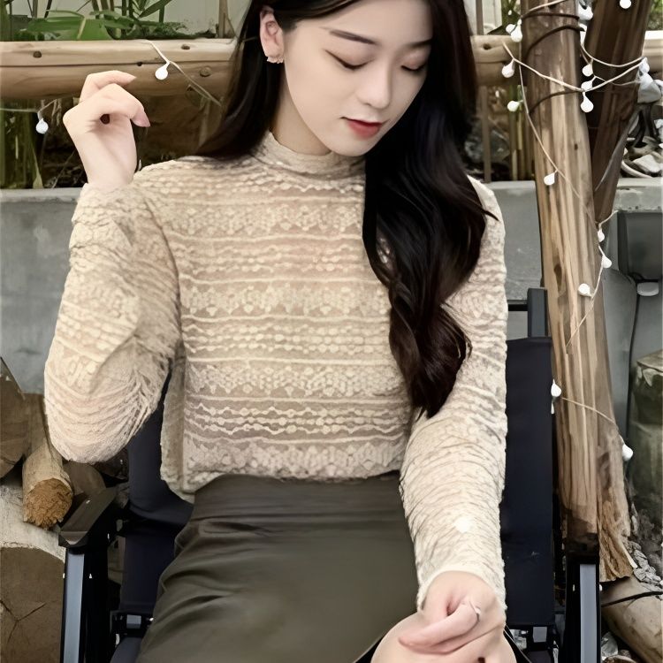 #蕾丝款 高端蕾丝打底衫女洋气纱衣内搭配毛衣磨毛网纱半高领上衣