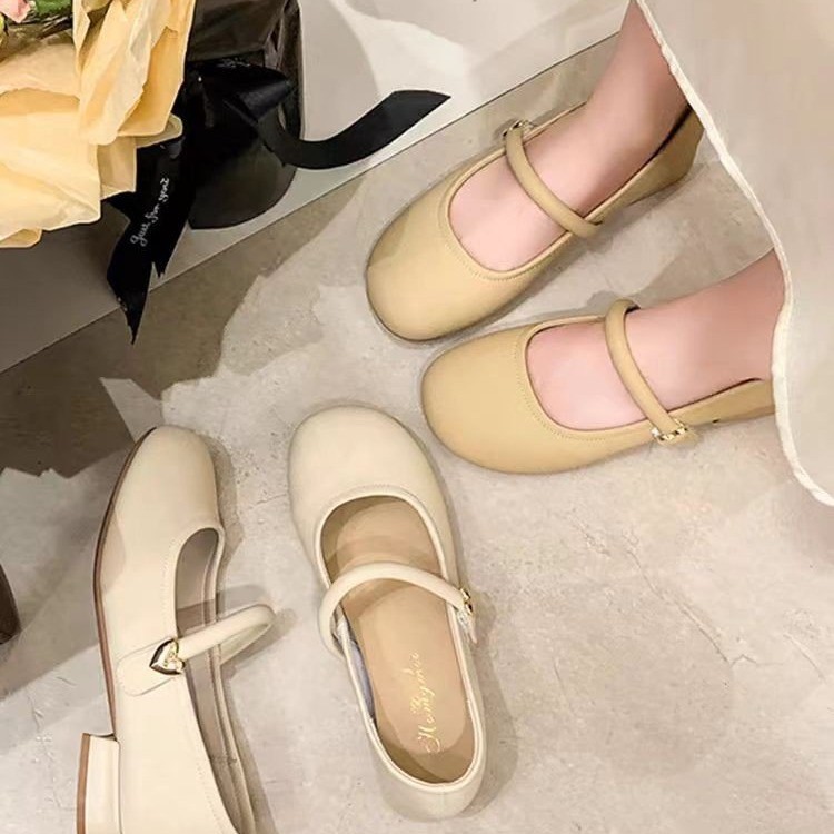 bejeaho浅口单鞋女夏季粗跟软底气质配裙子温柔法式玛丽珍小皮鞋