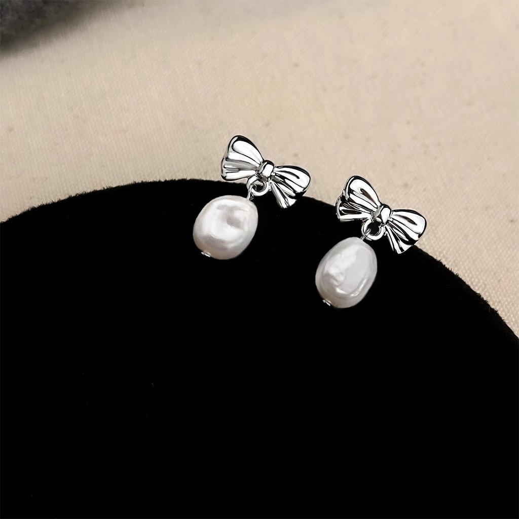 铜合金耳饰 巴洛克不规则珍珠蝴蝶结耳环蚊香盘无耳洞耳夹女