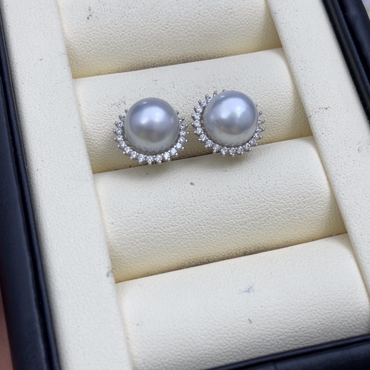 海水珍珠耳饰银S925镶嵌澳白耳饰9-10mm