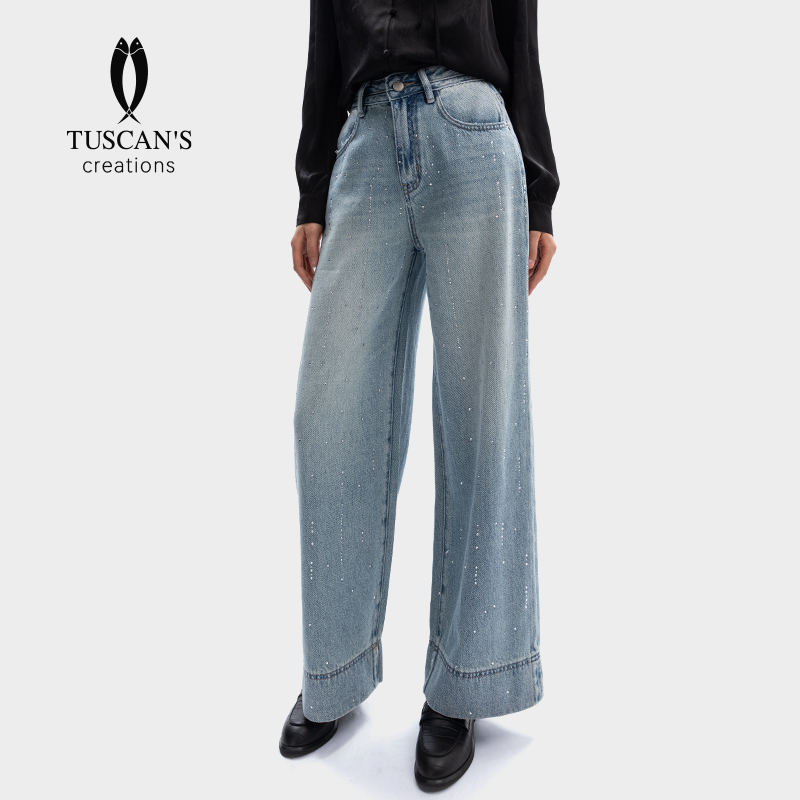 TUSCAN'S CREATIONS休闲百搭高腰浅色复古阔腿宽松女牛仔裤直筒裤