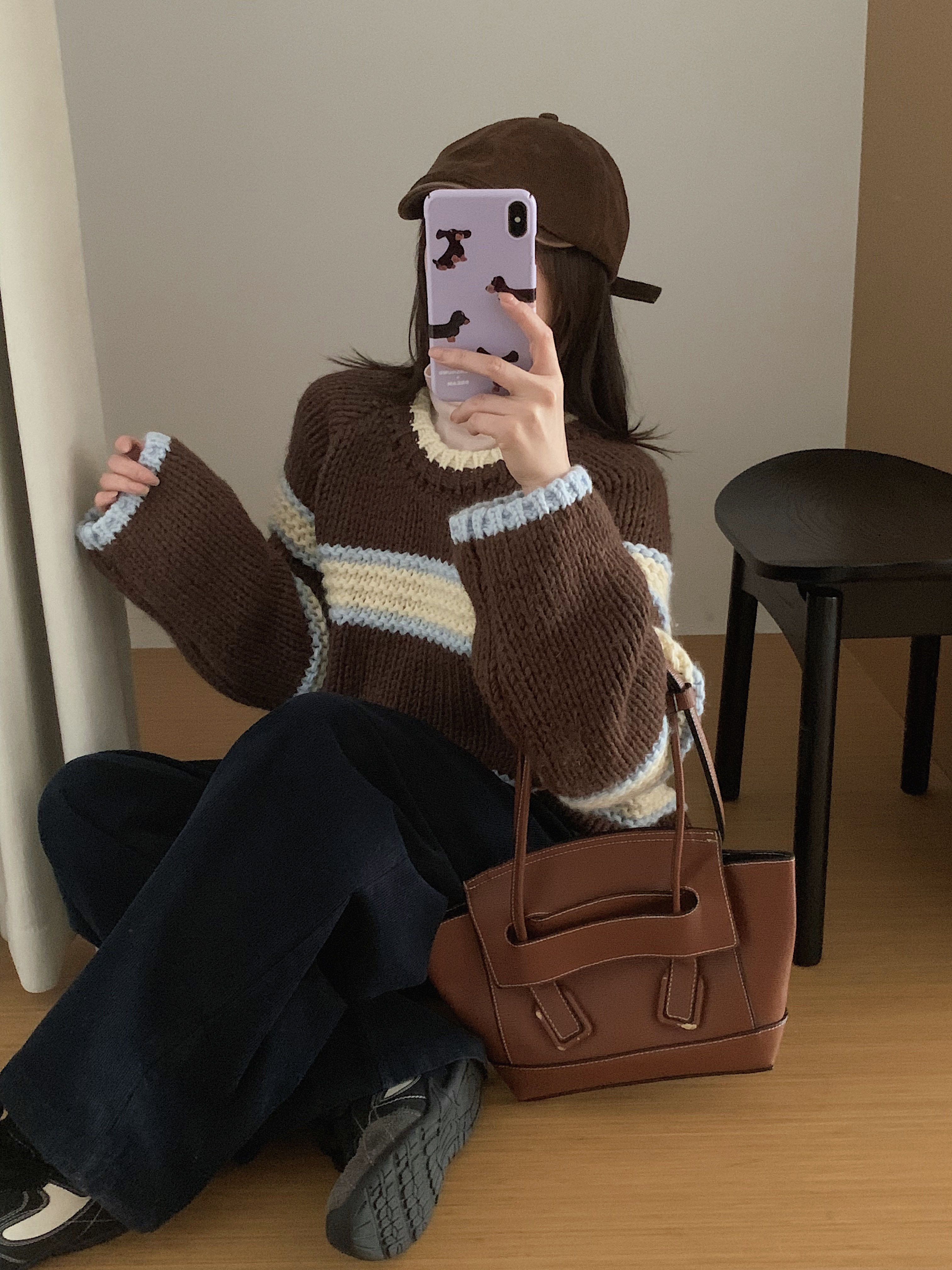 条纹粗棒针| 复古保暖厚款中长款长袖圆领毛衣套头毛衣韩系拼色