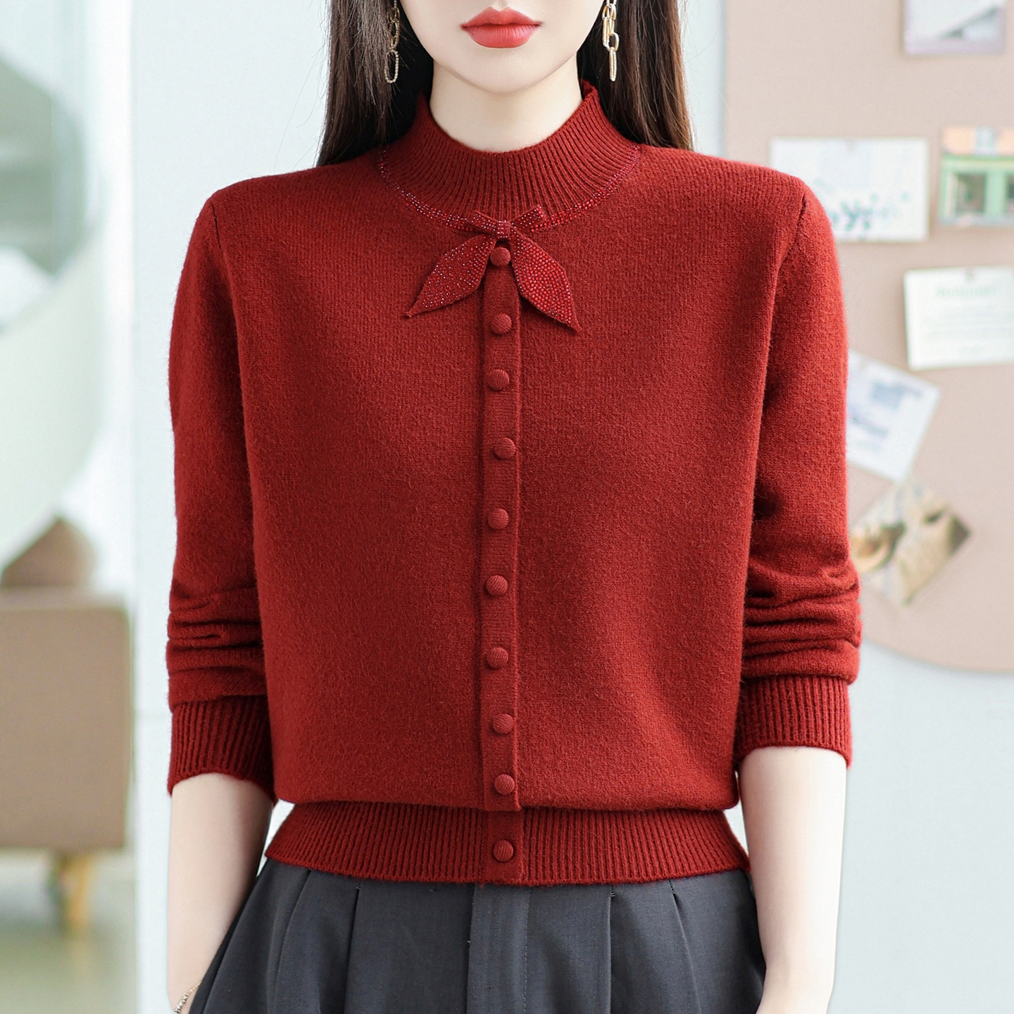 半高领毛衣女秋冬纯色宽松洋气时尚针织衫上衣YS-G9815