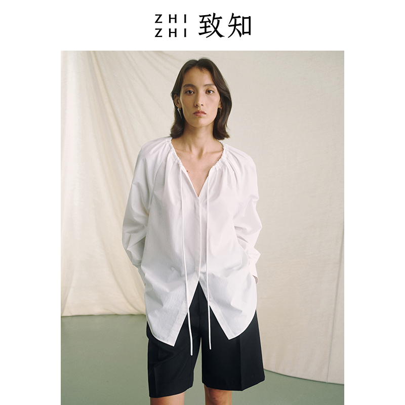  致知 竹枝 休闲衬衫2024春夏新款亲肤圆领抽绳设计感ZZ2DSWCW076