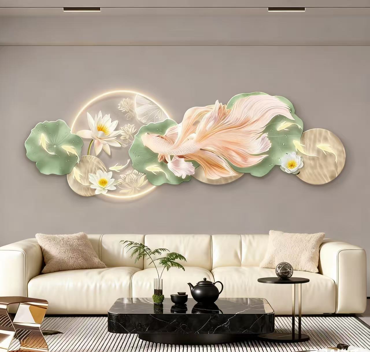 九鱼图轻奢风客厅装饰画荷花锦鲤沙发背景墙装饰画卧室背景墙挂画
